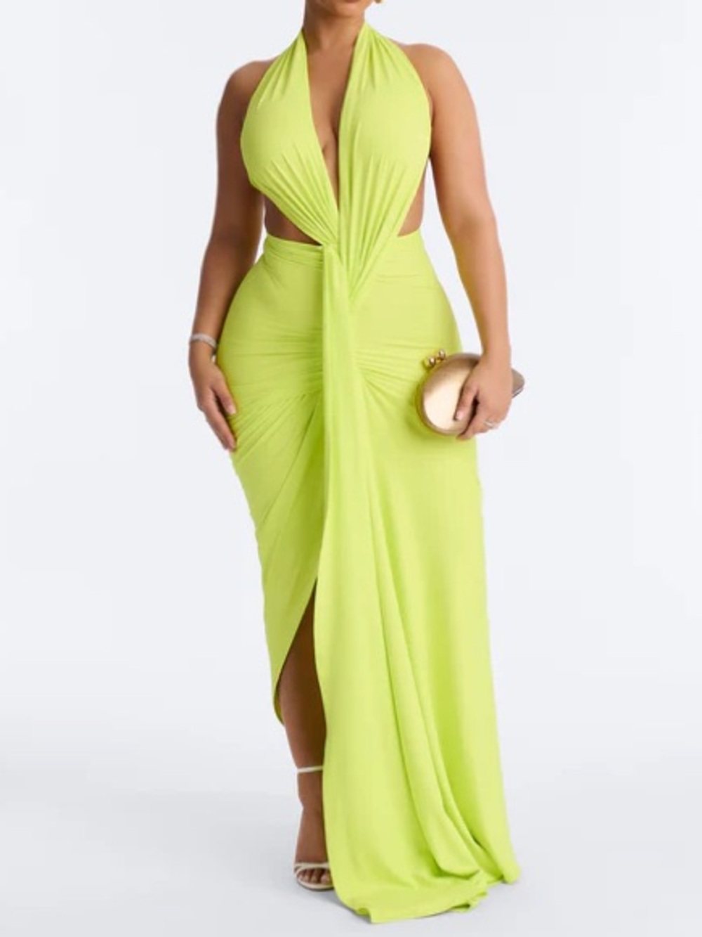 Neon Lime Halter Cutout Draped Maxi Dress